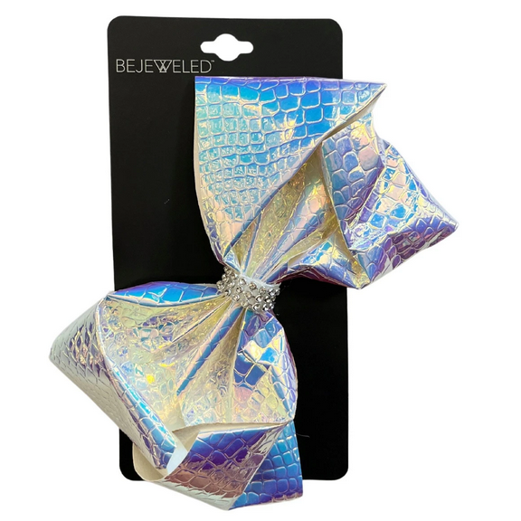 Metallic Hair Bow with Rhinestone Centerpiece, Oversized, Shimmering Finish, Perfect for Special Occasions, Parties, Everyday Glam, Vibrant Holographic Colors, Stylish, Comfortable, White