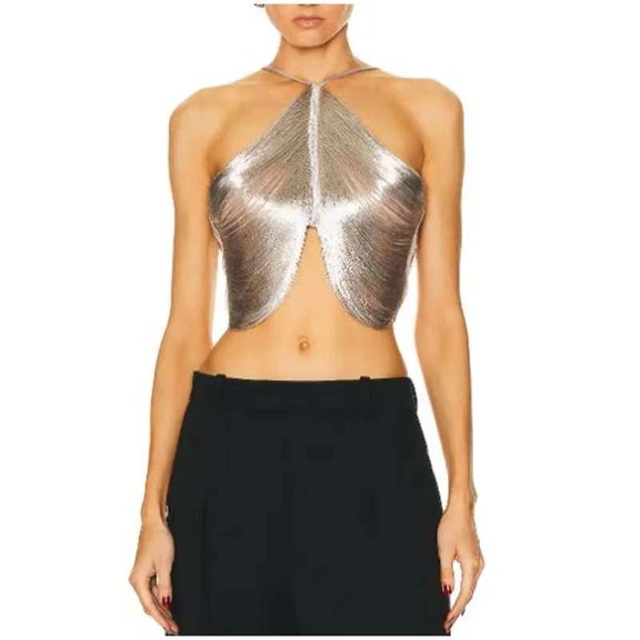 Metallic Halter Crop Top (M, Silver)