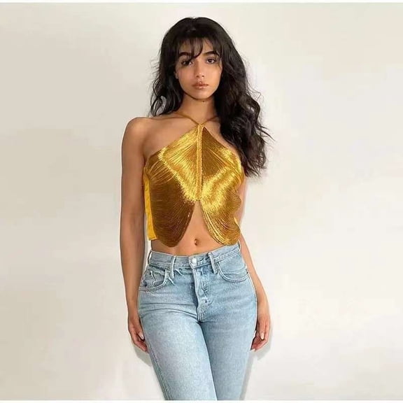 Metallic Halter Crop Top (S, Gold)