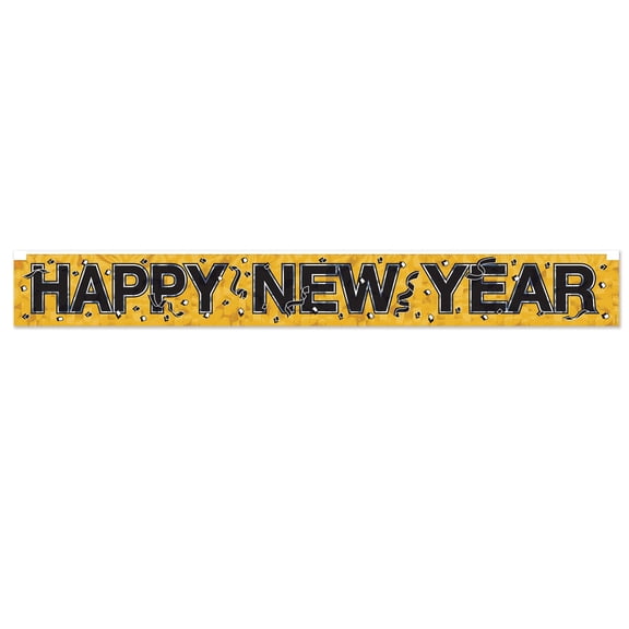 Happy New Year Metallic Fringe Banner, Gold, 7.5" x 5', (2/Pkg)