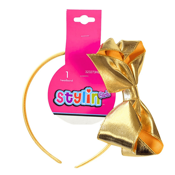 Metallic Headbands with Bow, Stylish Sleek Finish with Oversized Bow, Comfortable Lightweight Fit, Perfect for Parties, Dress Up, Everyday Wear, Trendy Girls Accessory, Sparkle, Fun, Gold