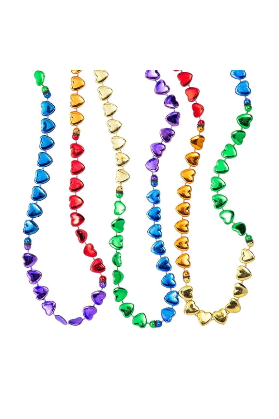 Metallic Heart Rainbow Bead Necklaces - 24 Pieces