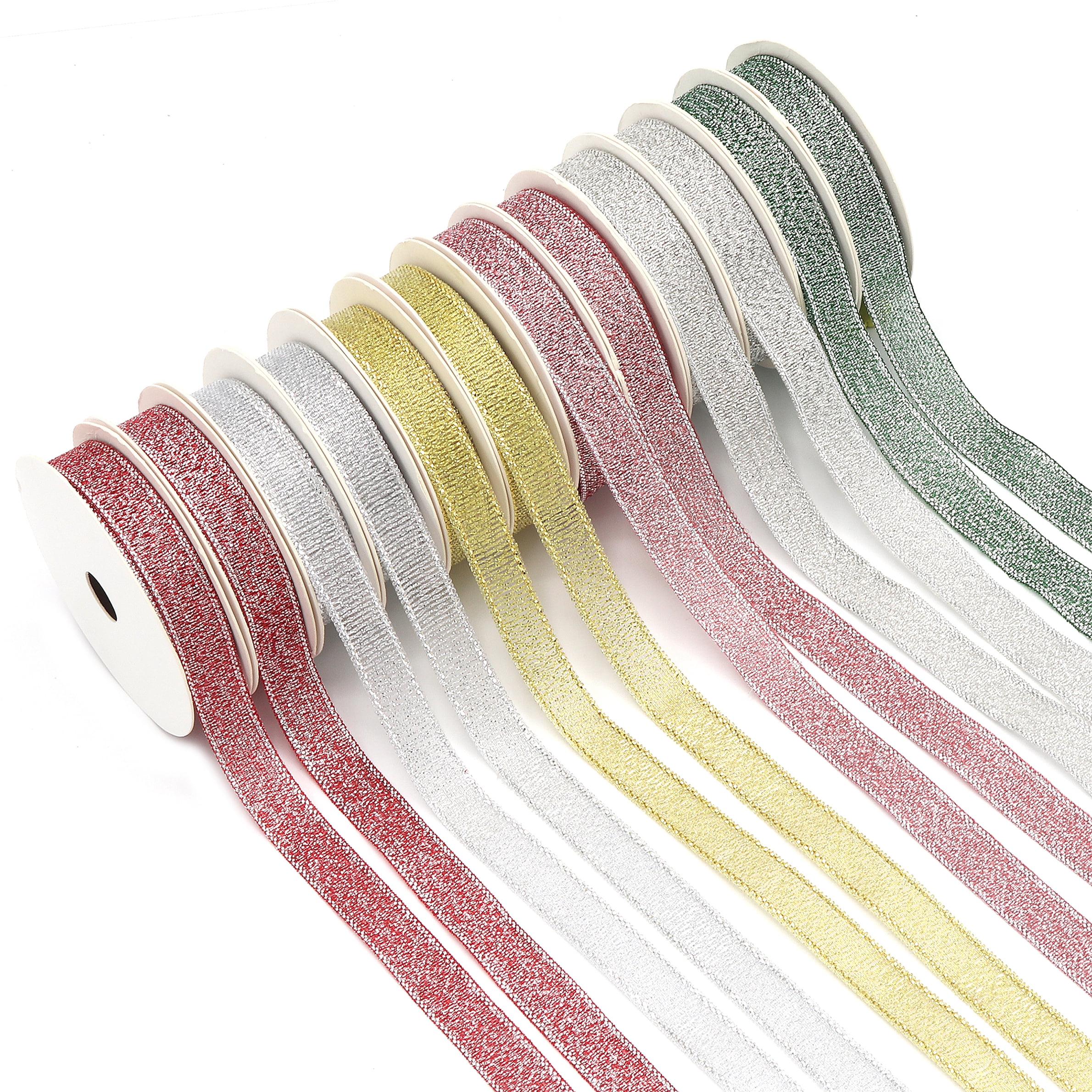 Metallic Holiday Christmas Ribbon for Gift Wrap and Crafts, 6 Colors, 3/8" x 36 Yards