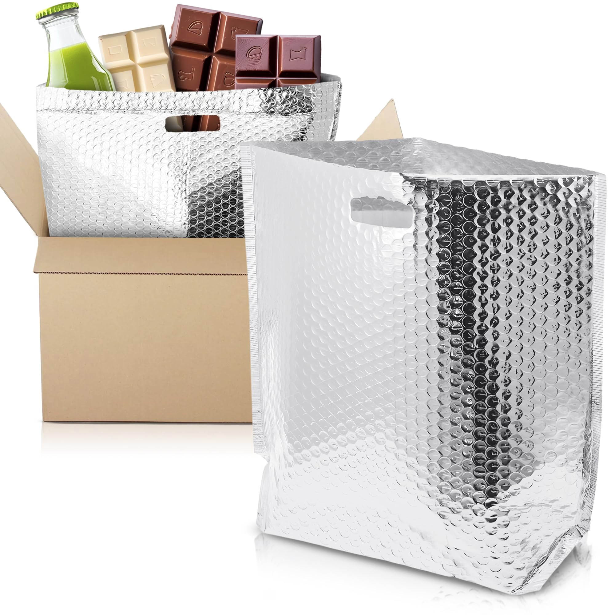 Metallic Insulated Foil Bag 8 x 8 x 8 Inch. 5 Pack of Aluminum Foil Insulated Shipping Bags for Food. Self Adhesive Padded Insulated Thermal Bags for Frozen Food. Durable Hot Insulated Bag
