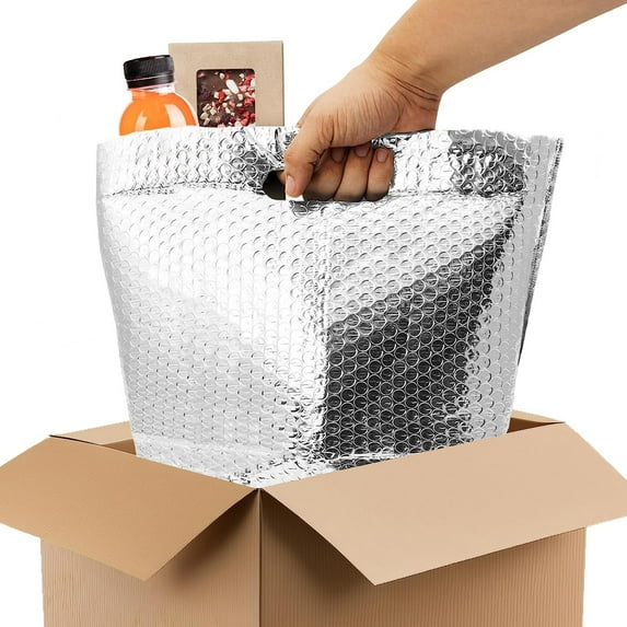 Metallic Insulated Foil Bag 8 x 8 x 8 Inch. 5 Pack of Aluminum Foil Insulated Shipping Bags for Food. Self Adhesive Padded Insulated Thermal Bags for Frozen Food. Durable Hot Insulated Bag