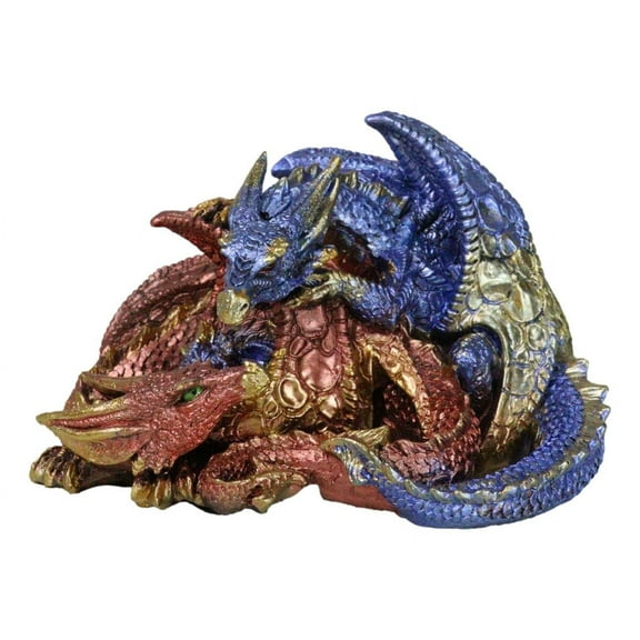 Metallic Iridescent Red and Blue Dragon Family Sleeping Peacefully Figurine