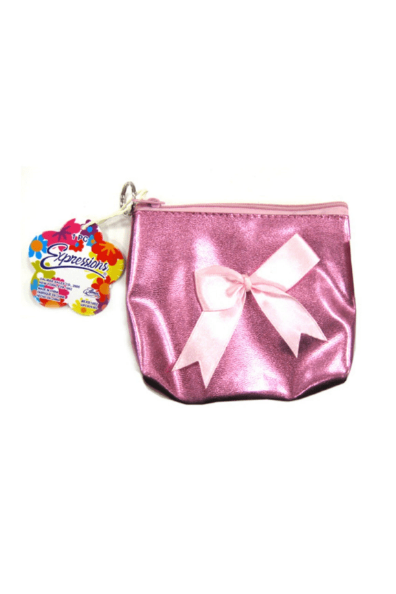 Metallic Key Ring Coin Purse, Shimmering Finish with Satin Bow, Compact, Lightweight, Stylish Mini Pouch for Coins, Cash, Small Essentials with Keychain Clip for Bags, Keys, Cute Gift Idea, Pink