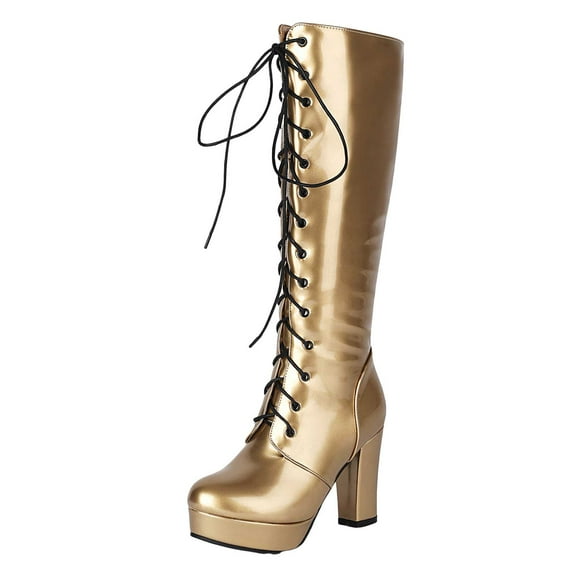 Metallic Knee High Combat Boots for Women Punk Gothic Leather Platform Chunky Heels Tall Riding Dress Boots