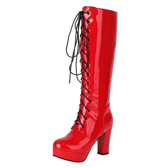 Metallic Knee High Combat Boots for Women Punk Gothic Leather Platform Chunky Heels Tall Riding Dress Boots