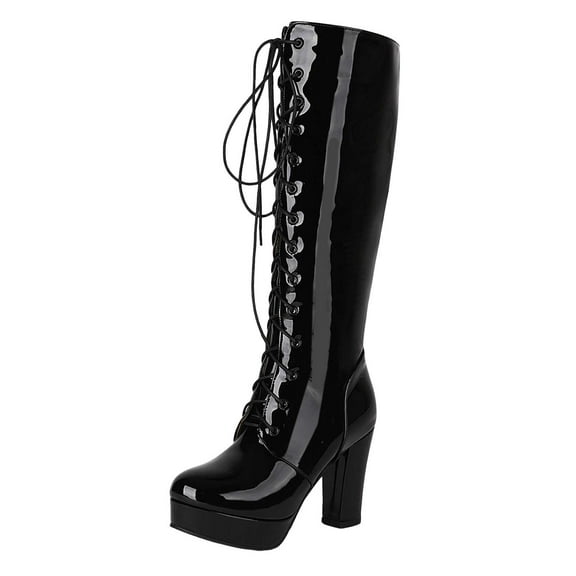 Metallic Knee High Combat Boots for Women Punk Gothic Leather Platform Chunky Heels Tall Riding Dress Boots