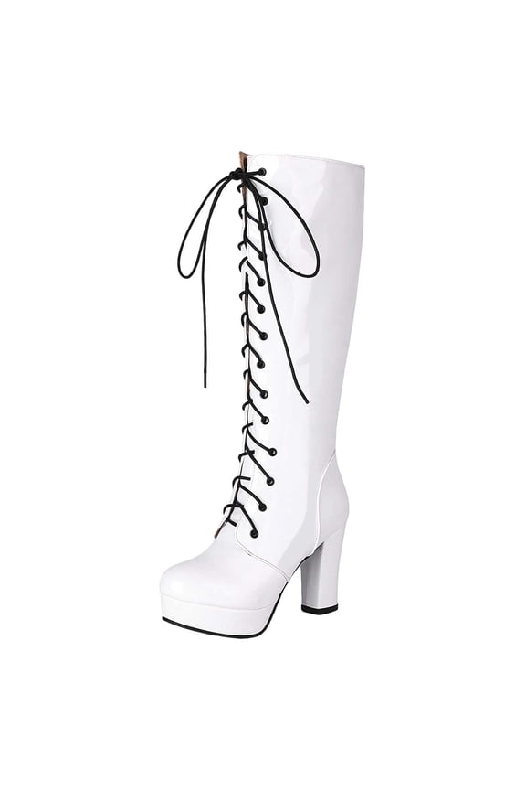 Metallic Knee High Combat Boots for Women Punk Gothic Leather Platform Chunky Heels Tall Riding Dress Boots