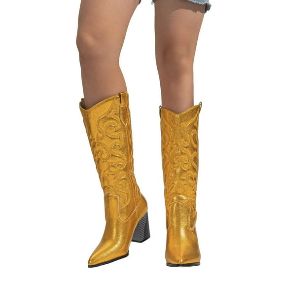 Metallic Knee High Cowboy Boots for Women Fashion Glitter Leather Pointed Toe Stage Performance Cowgirl Boots