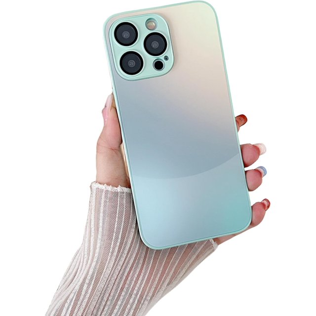 Metallic Lacquer Gradient Frosted Glass Phone Case with Lens Film Protection, Small Fresh Style, Ladies Favorite, for iPhone 15 14 13 12 11 Pro Max Plus Phone Case (Green,iPhone 13 Pro)