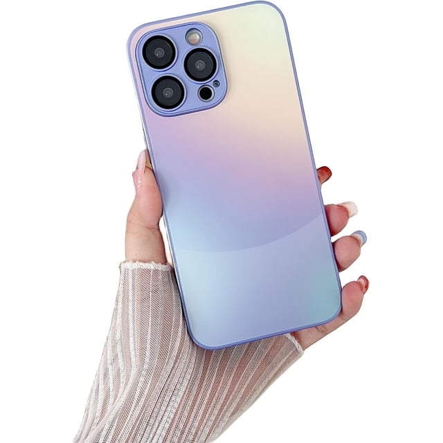 Metallic Lacquer Gradient Frosted Glass Phone Case with Lens Film Protection, Small Fresh Style, Ladies Favorite, for iPhone 15 14 13 12 11 Pro Max Plus Phone Case (Purple,iPhone 12)