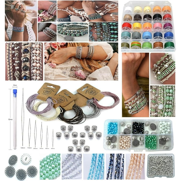 Metallic Leather Boho Macrame Wrap Crystal Glass DIY Bracelet Jewellery Making Kit with Tutorial Hobby for Teens to Adults