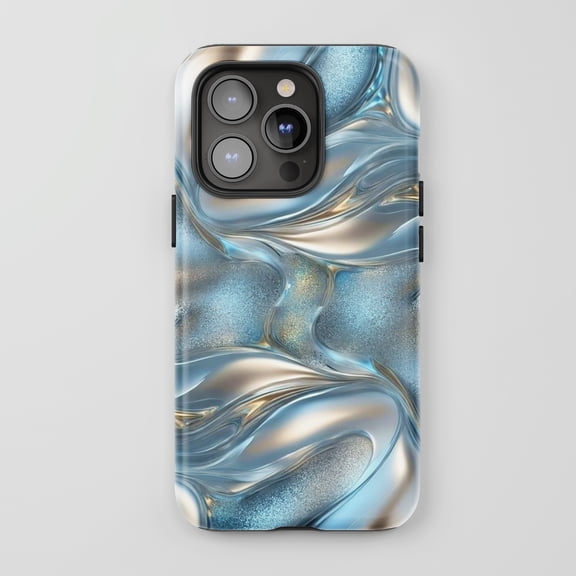 Metallic Liquid Swirl For iPhone Protective Phone Case Abstract Fluid Blue Silver Iridescent Glitter