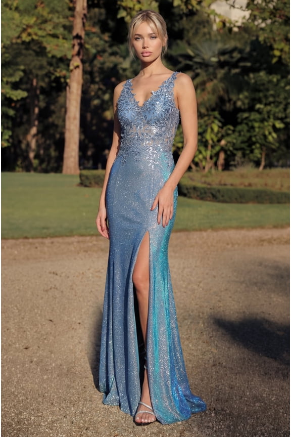 Metallic Long V-Neck Sleeveless Evening Formal Dress, Floor-Length Sequin Lace Gown