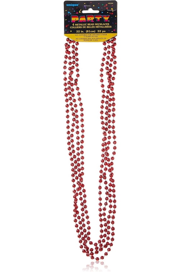 Metallic Mardi Gras Beads, 32 in, Red, 4ct