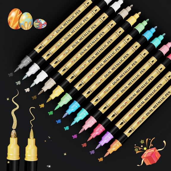 Metallic Marker Pens, 12 Colors Dual Tip Acrylic Paint Pens for Black Paper, Scrapbooking, Photo Album, Rock Painting, Paint Marker for DIY Arts & Crafts, Glass, Wood, Card Making, Scrapbook Supplies