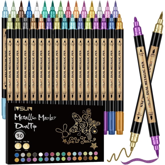 Metallic Marker Pens, 30 Colors Dual Tip Acrylic Paint Pens for Black Paper, Scrapbooking, Photo Album, Rock Painting, Paint Marker for DIY Arts & Crafts, Glass, Wood, Card Making, Scrapbook Supplies