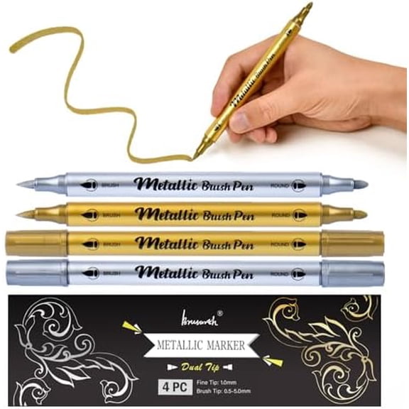 Metallic Marker Pens, Silver and Gold Dual Tip Acrylic Paint Pens for Black Paper, Scrapbooking Crafts, Photo Album, Rock Painting, Glass, Card Making, DIY Arts & Crafts, Set of 4