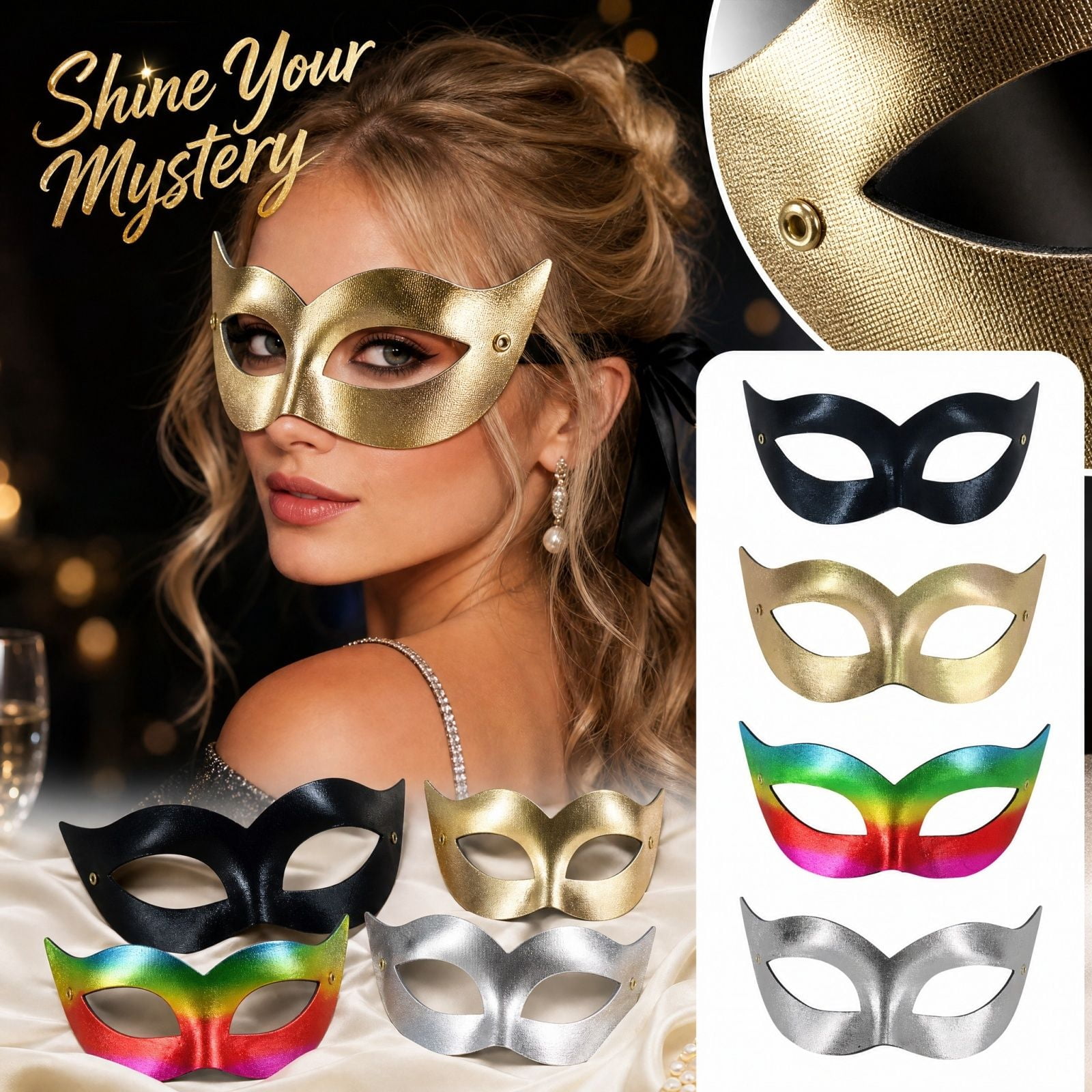 Metallic Masquerade Mask for Women, 6 Inch Venetian Masquerade Eye Mask ...