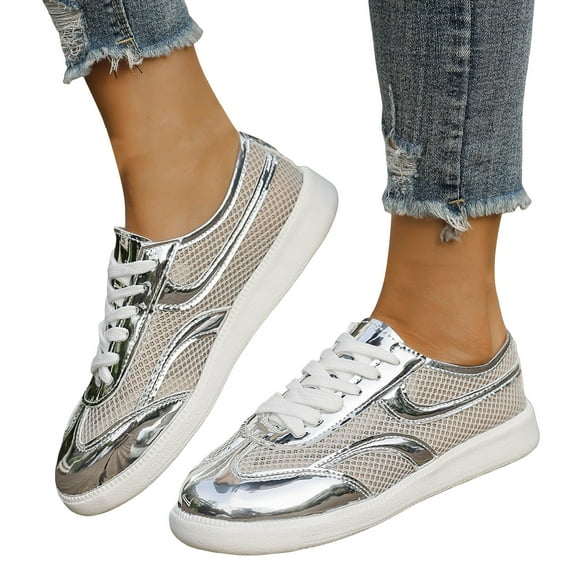 Metallic Mesh Low Top Fashion Sneakers for Women Glitter Breathable Lace up Walking Flats Casual Shoes