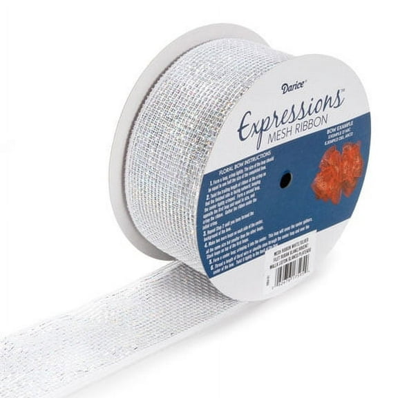 Metallic Mesh Ribbon 2.5"X25yd-White/Silver