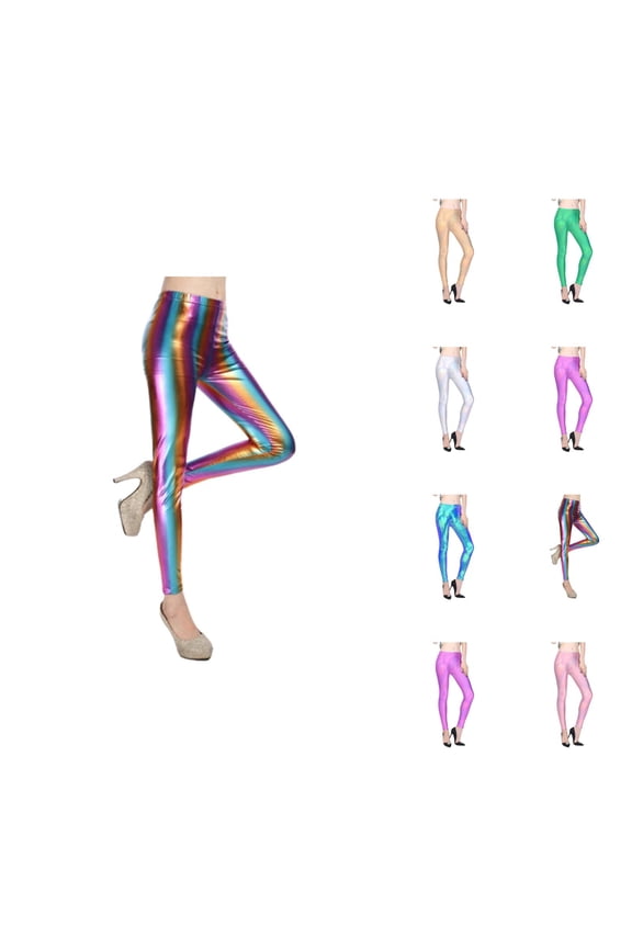Metallic Mystique Leggings for Women 80s Outfit Leather Shiny Glitter Tights Trousers