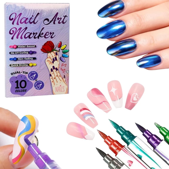 Metallic Nail Art Markers, Fine Tip & Brush Tip Quick-Dry Odorless Nail Polish Pens, Professional & DIY Nail Art Pens for Salon, Manicure, 3D Nail Drawing, Multi-Surface Use, 10 Colors