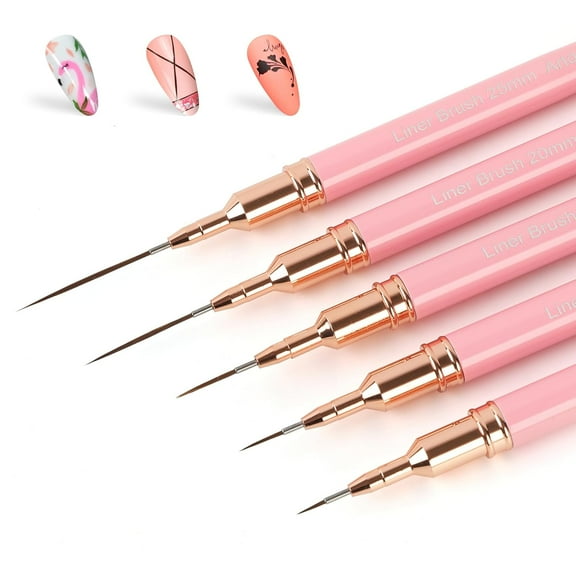 Metallic Nail Art Pens, Liner Brushes Set, 5PCS Pink Color Nail Tools For Long Lines, Thin Details, Fine Drawing, Liner Brush UV Gel Polish Painting Nail Design Sizes 5/8/12/20/25mm