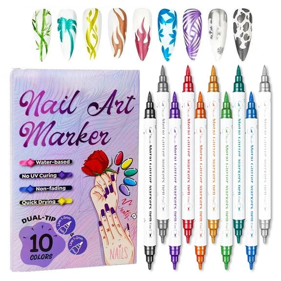 Metallic Nail Art Pens Set, 10 Colors Double-Ended Nail Marker Pens for Nail Design, Water-Based Quick Dry Paint Pens for DIY Manicure, Dotting Line Painting for Home & Salon