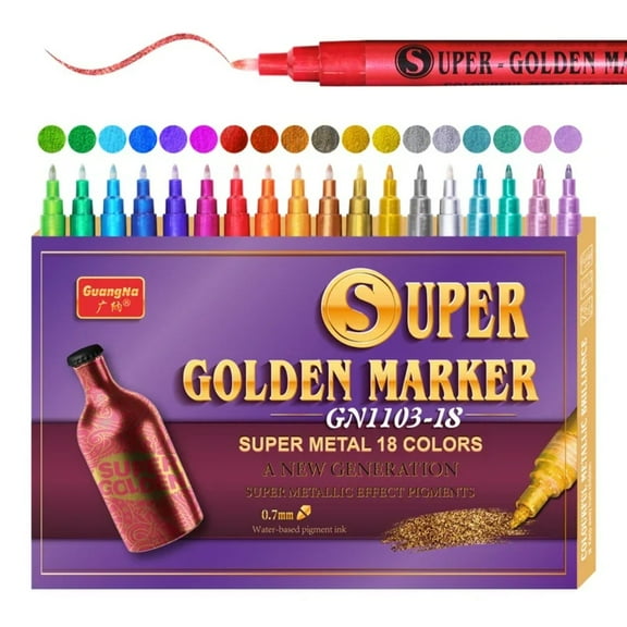 Metallic Paint Markers, 18 Extra Fine Tip Colors, Ideal for Rock Painting, Black Paper, Scrapbooking, Glass, Wood, Fabric, Card Making, Graduation, and Festival Crafts