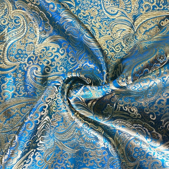Metallic Paisley Gold Brocade Fabric 60" By Yard in Red Yellow White Purple Blue (Turquoise / Gold)