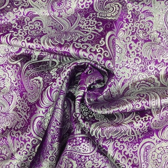 Metallic Paisley Silver Brocade Fabric 60" By Yard in Red Yellow White Purple Blue (Purple / Silver)