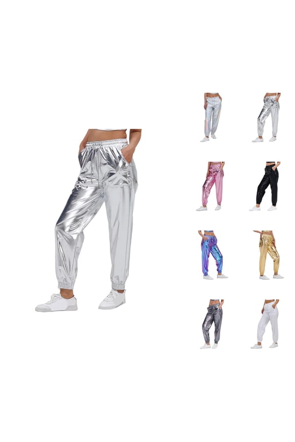 Metallic Pants Women 2026 Fashion Hop Wet Look Holographic Glitter Pants Jogger Sweatpants Rave Dance Pants with Pockets
