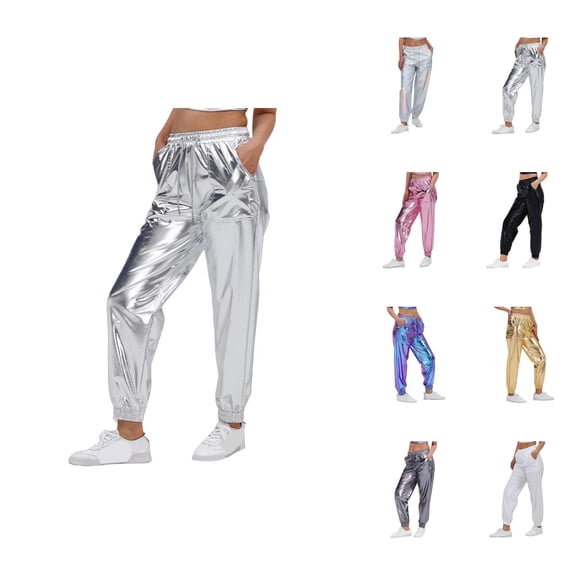 Metallic Pants Women 2026 Fashion Hop Wet Look Holographic Glitter Pants Jogger Sweatpants Rave Dance Pants with Pockets