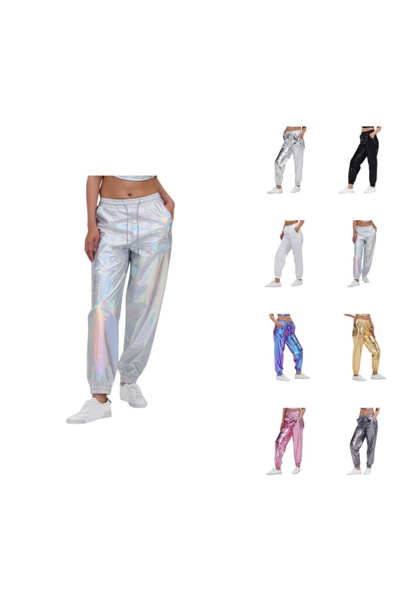 Metallic Pants Women 2026 Fashion Hop Wet Look Jogger Sweatpants Rave Dance Pants Holographic Glitter Pants with Pockets