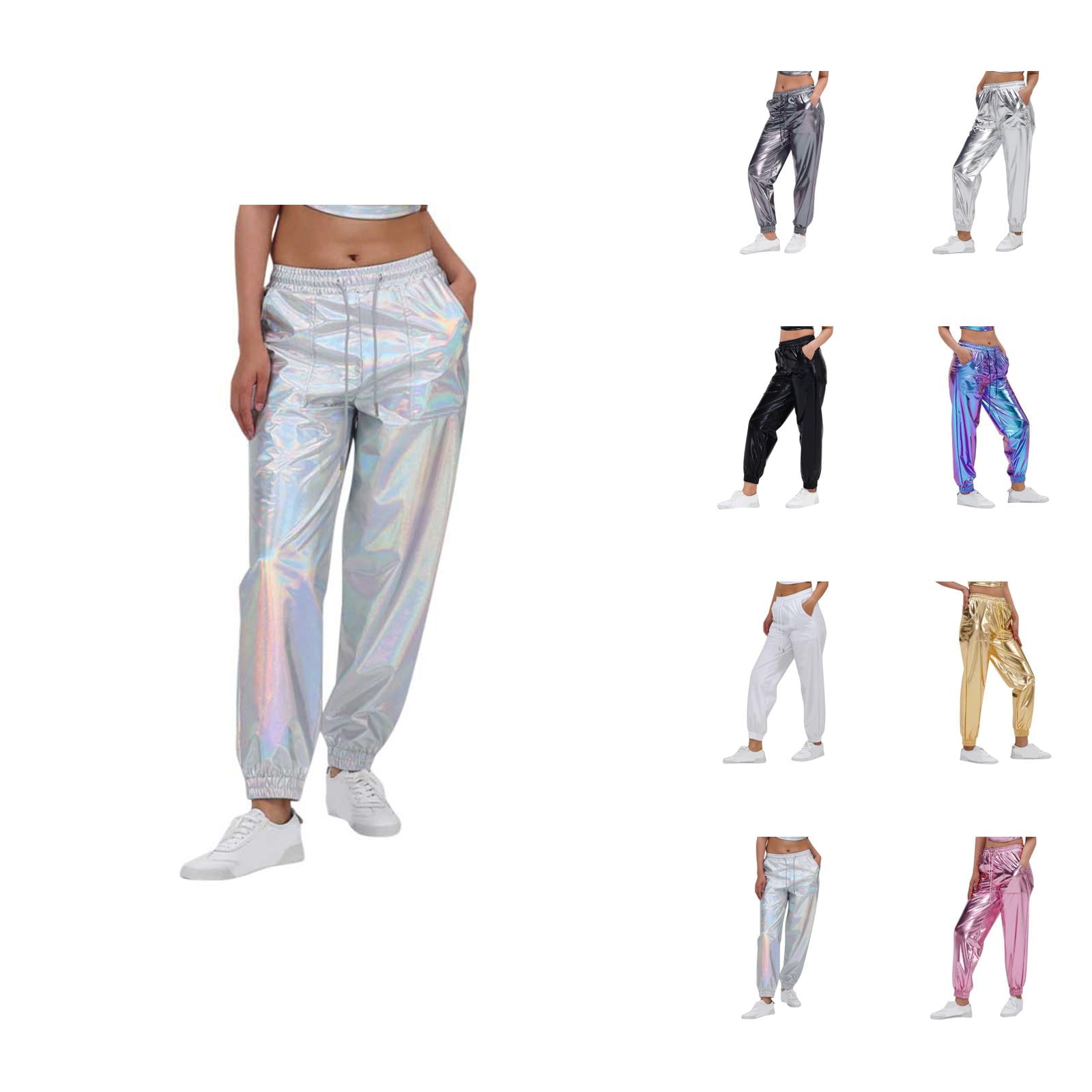 Metallic Pants Women 2026 Fashion Hop Wet Look Rave Dance Pants Holographic Glitter Pants Jogger Sweatpants with Pockets