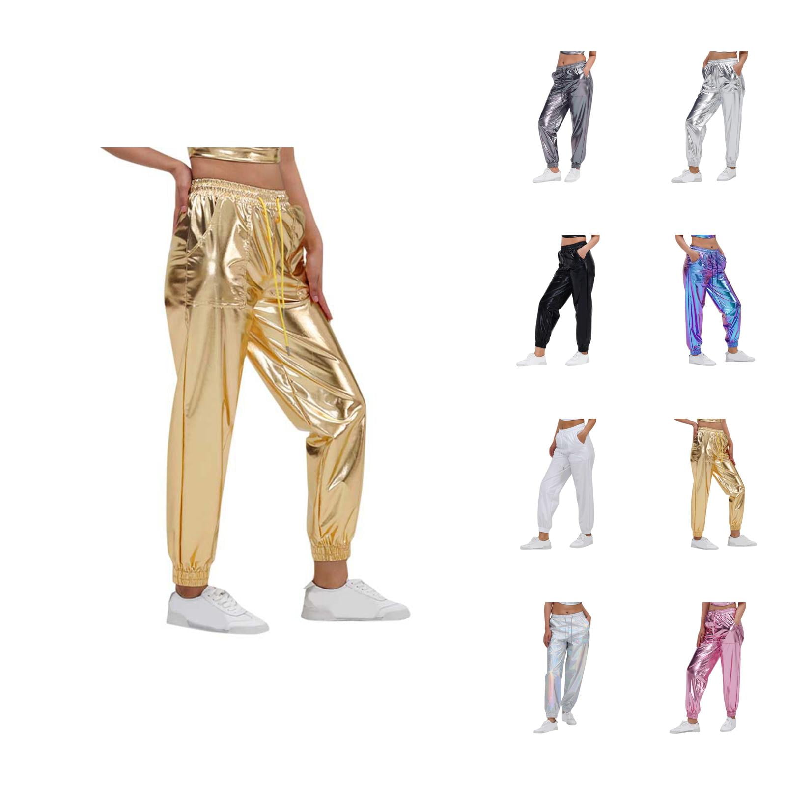 Metallic Pants Women 2026 Fashion Hop Wet Look Rave Dance Pants Holographic Glitter Pants Jogger Sweatpants with Pockets
