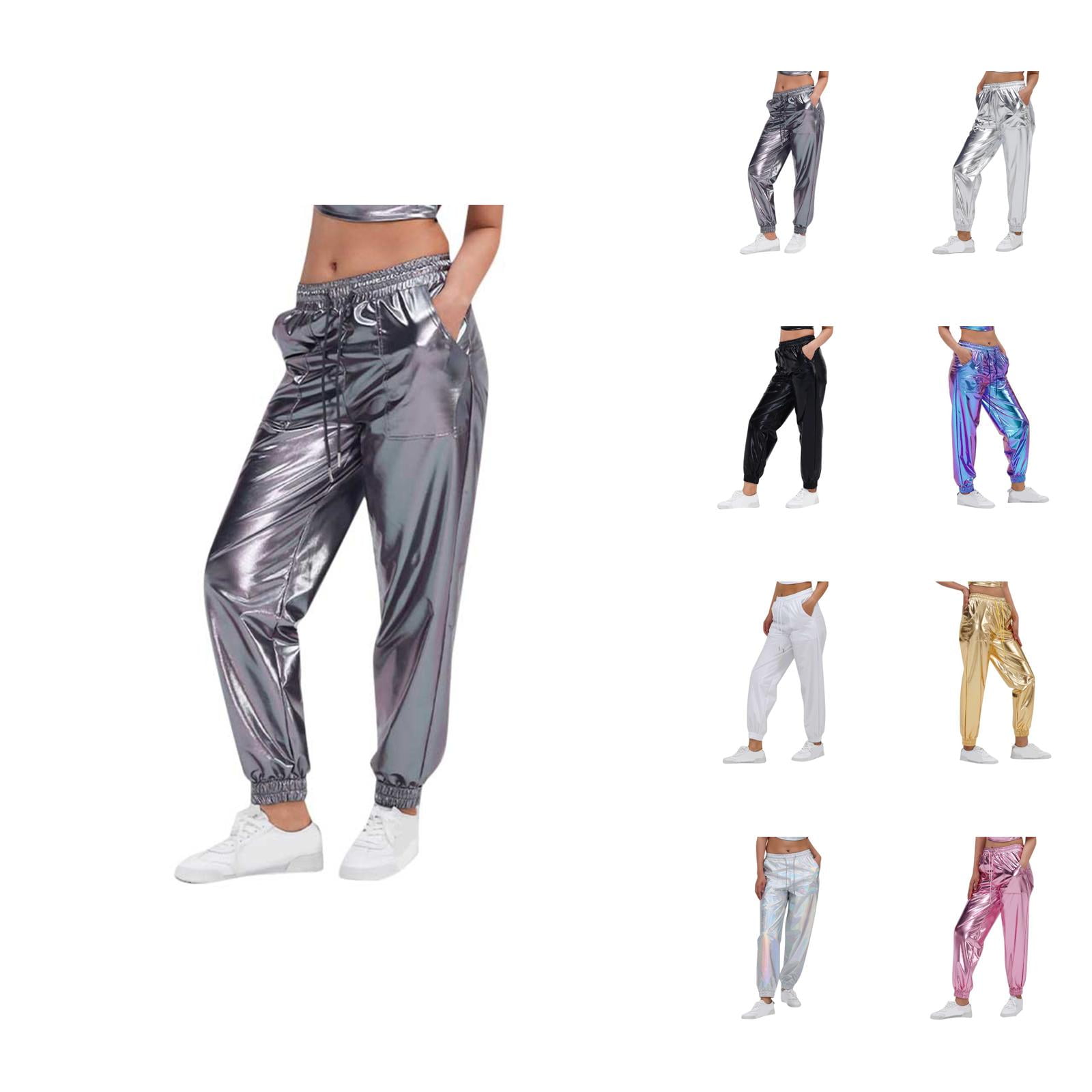Metallic Pants Women 2026 Fashion Hop Wet Look Rave Dance Pants Holographic Glitter Pants Jogger Sweatpants with Pockets