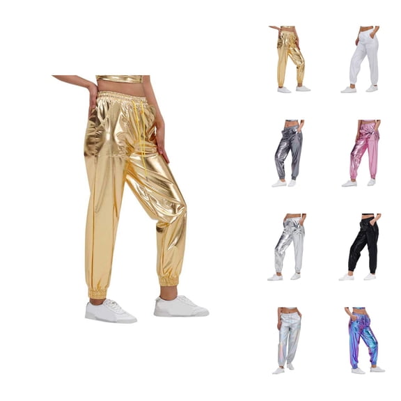 Metallic Pants Women 2026 Fashion Wet Look Hop Holographic Glitter Pants Jogger Sweatpants Rave Dance Pants with Pockets