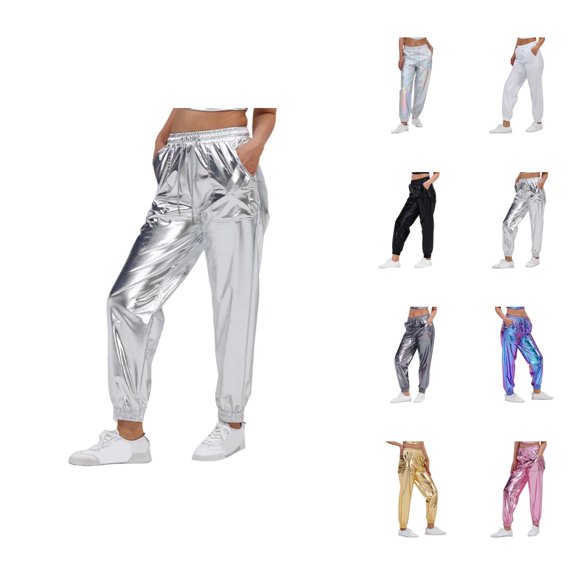 Metallic Pants Women 2026 Fashion Wet Look Hop Jogger Sweatpants Holographic Glitter Pants Rave Dance Pants with Pockets