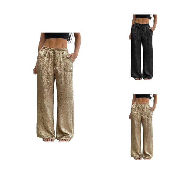 Metallic Pants Women 2026 Trendy Elastic High Waist Drawstring Wide Straight Leg Sparkly Velvet Pants with Pockets