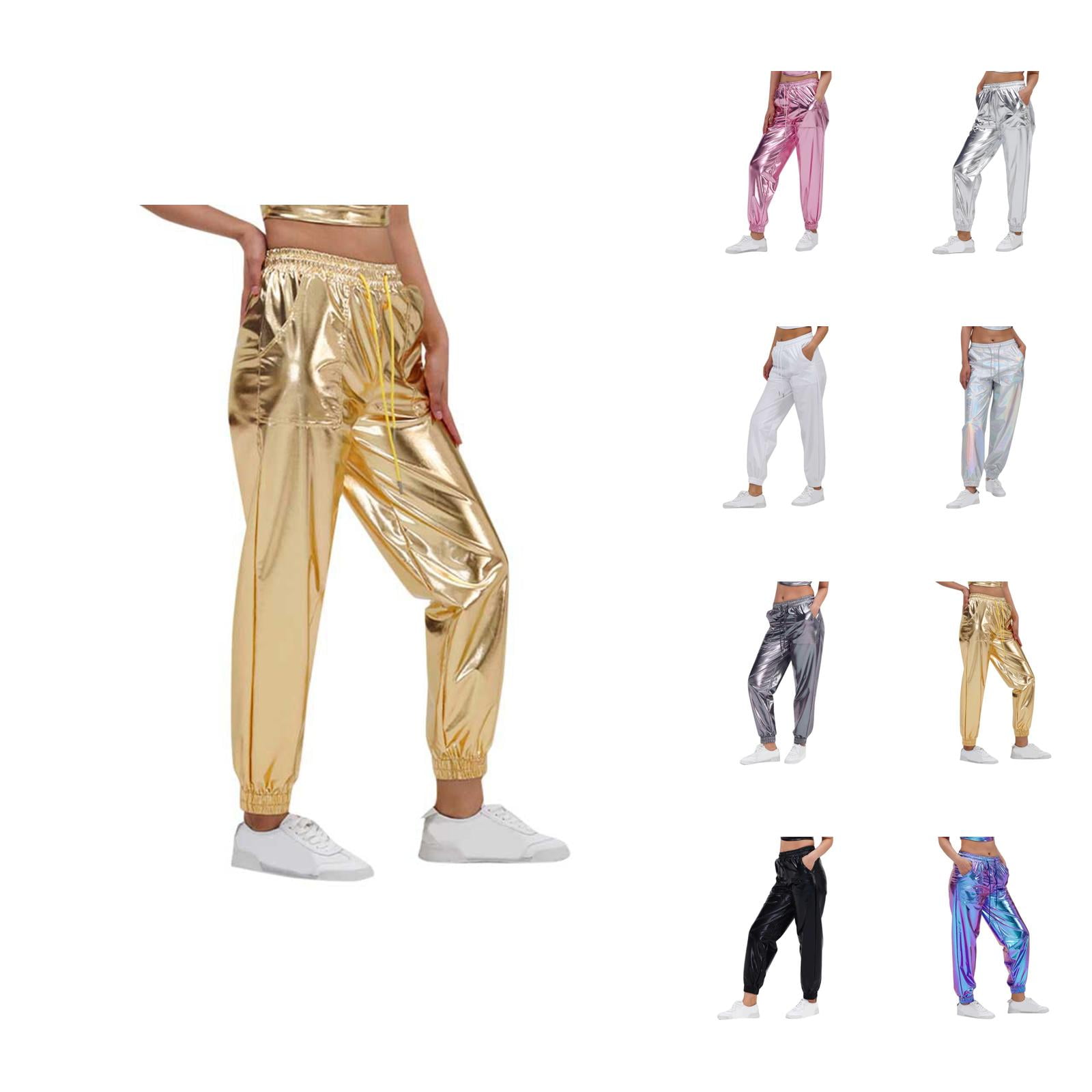 Metallic Pants Women 2026 Trendy Hop Wet Look Holographic Glitter Pants Jogger Sweatpants Rave Dance Pants with Pockets
