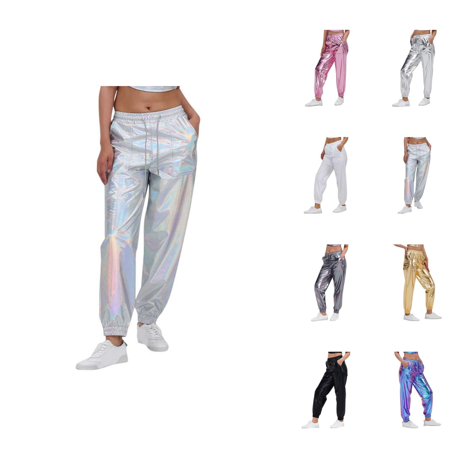 Metallic Pants Women 2026 Trendy Hop Wet Look Holographic Glitter Pants Jogger Sweatpants Rave Dance Pants with Pockets