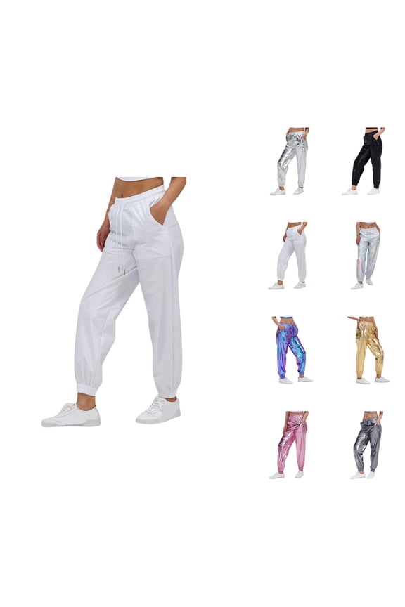 Metallic Pants Women 2026 Fashion Hop Wet Look Jogger Sweatpants Rave Dance Pants Holographic Glitter Pants with Pockets