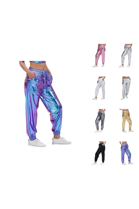 Metallic Pants Women 2026 Trendy Hop Wet Look Holographic Glitter Pants Jogger Sweatpants Rave Dance Pants with Pockets