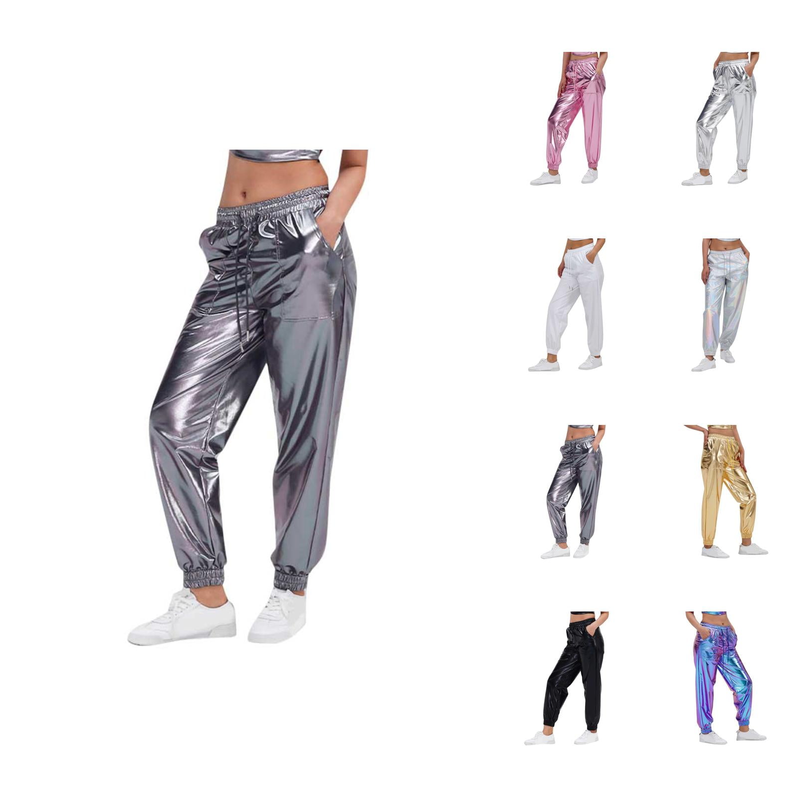 Metallic Pants Women 2026 Trendy Hop Wet Look Holographic Glitter Pants Jogger Sweatpants Rave Dance Pants with Pockets