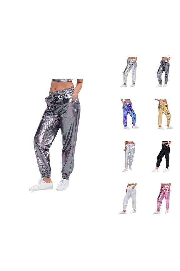 Metallic Pants Women 2026 Trendy Hop Wet Look Jogger Sweatpants Holographic Glitter Pants Rave Dance Pants with Pockets